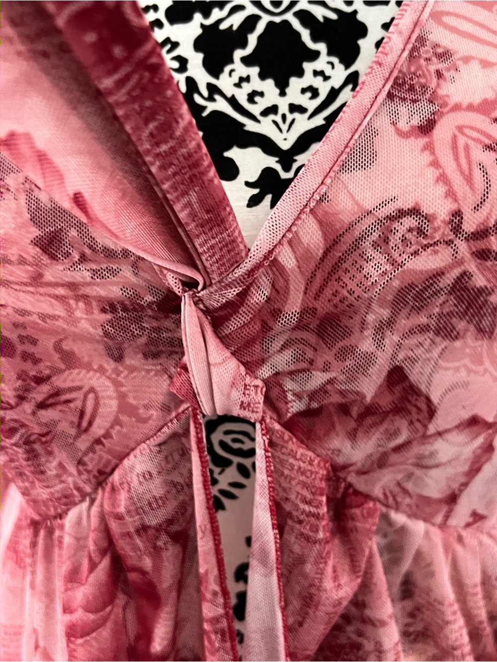 SHEIN Size L Pink Rose Newspaper Print Sheer Mesh Tie Front Top - Picture 3 of 8